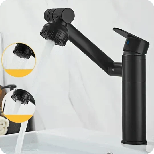 Durable black sink tap with 1080° swivel feature, providing ultimate flexibility & easy cleaning.