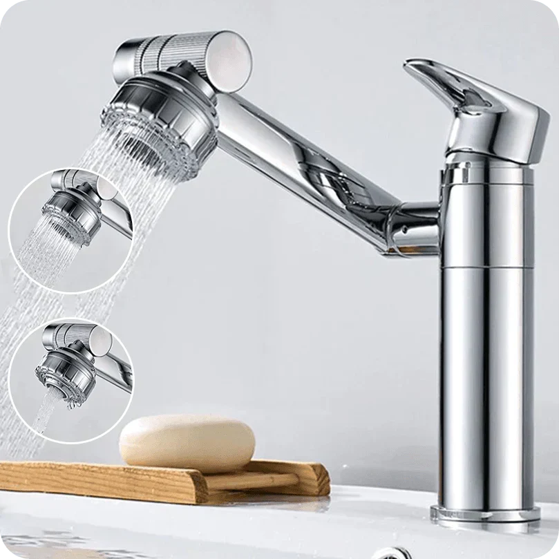 Silver flexible water tap, 1080° swivel, offering splash-free operation for busy bathrooms.