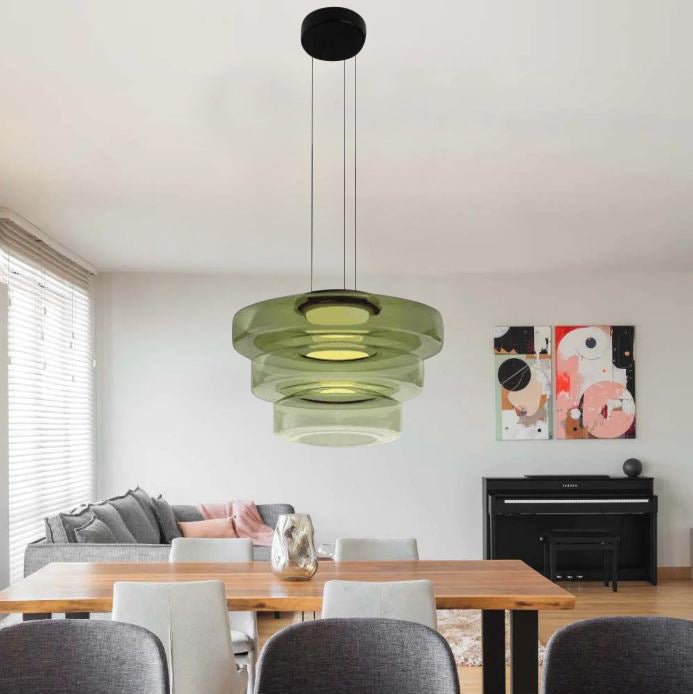 Modern LED glass pendant, AuroraSphere. Adjustable for perfect kitchen and dining illumination.