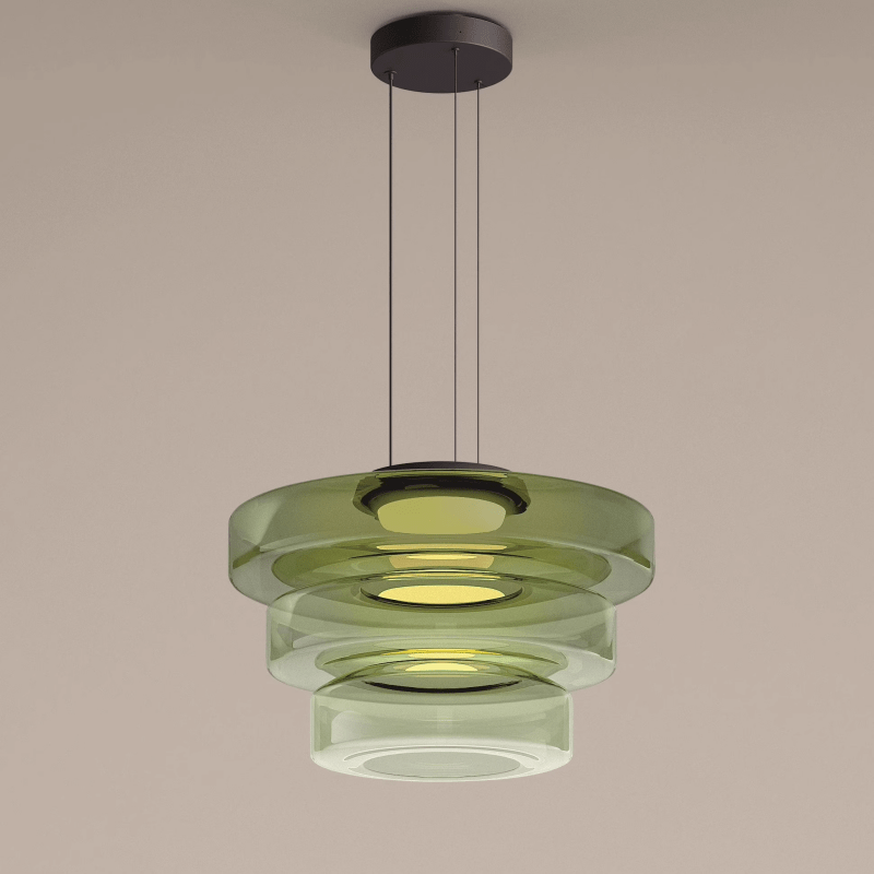 Unique Bauhaus style glass pendant light. Decorative ceiling fixture for modern home aesthetics.