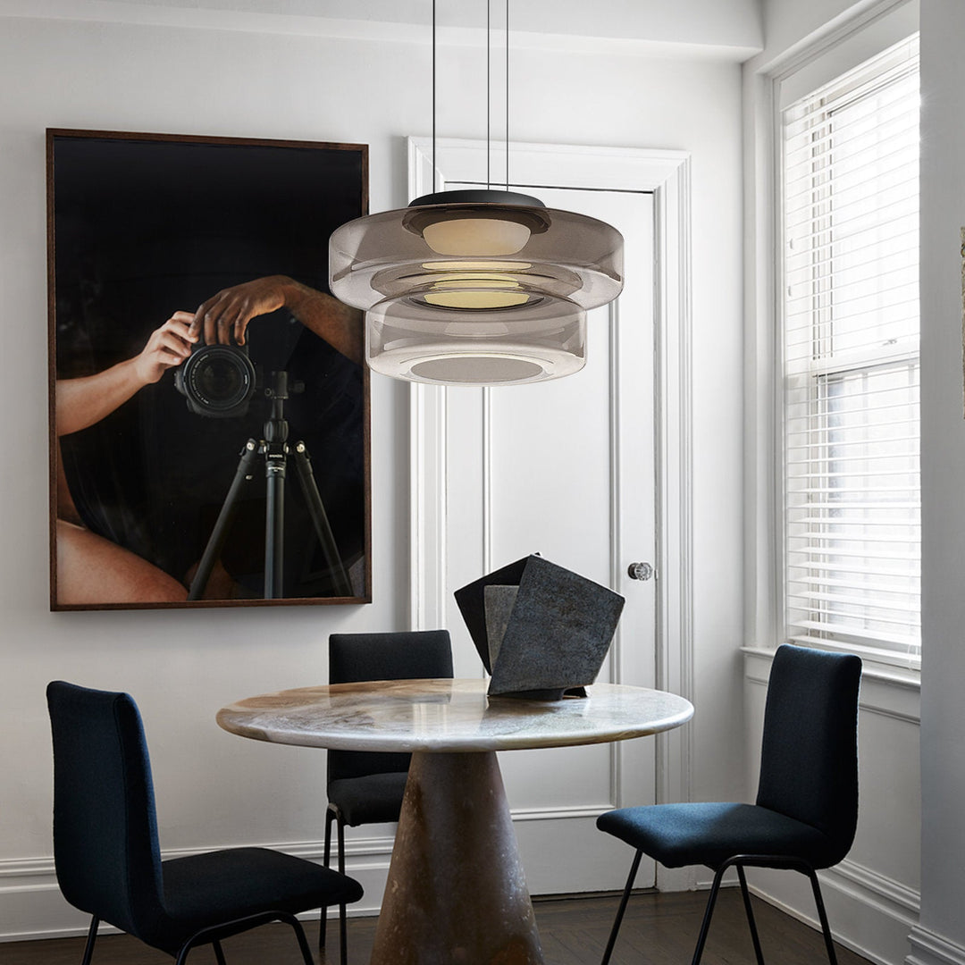 Unique AuroraSphere glass ceiling fixture. LED pendant for modern living room ambiance.