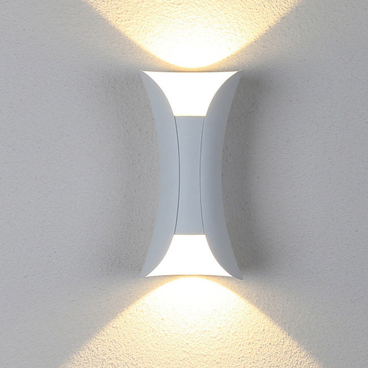 White modern LED garden wall light, weatherproof, energy-efficient exterior decor.