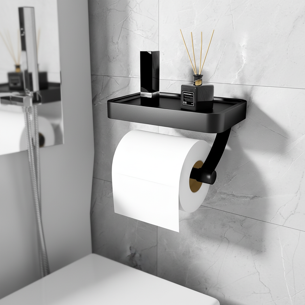 Modern black wall-mounted toilet paper holder with shelf, stainless steel, drill-free for bathroom storage.