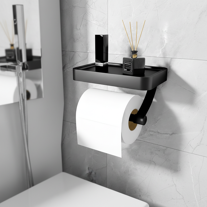 Modern black wall-mounted toilet paper holder with shelf, stainless steel, drill-free for bathroom storage.