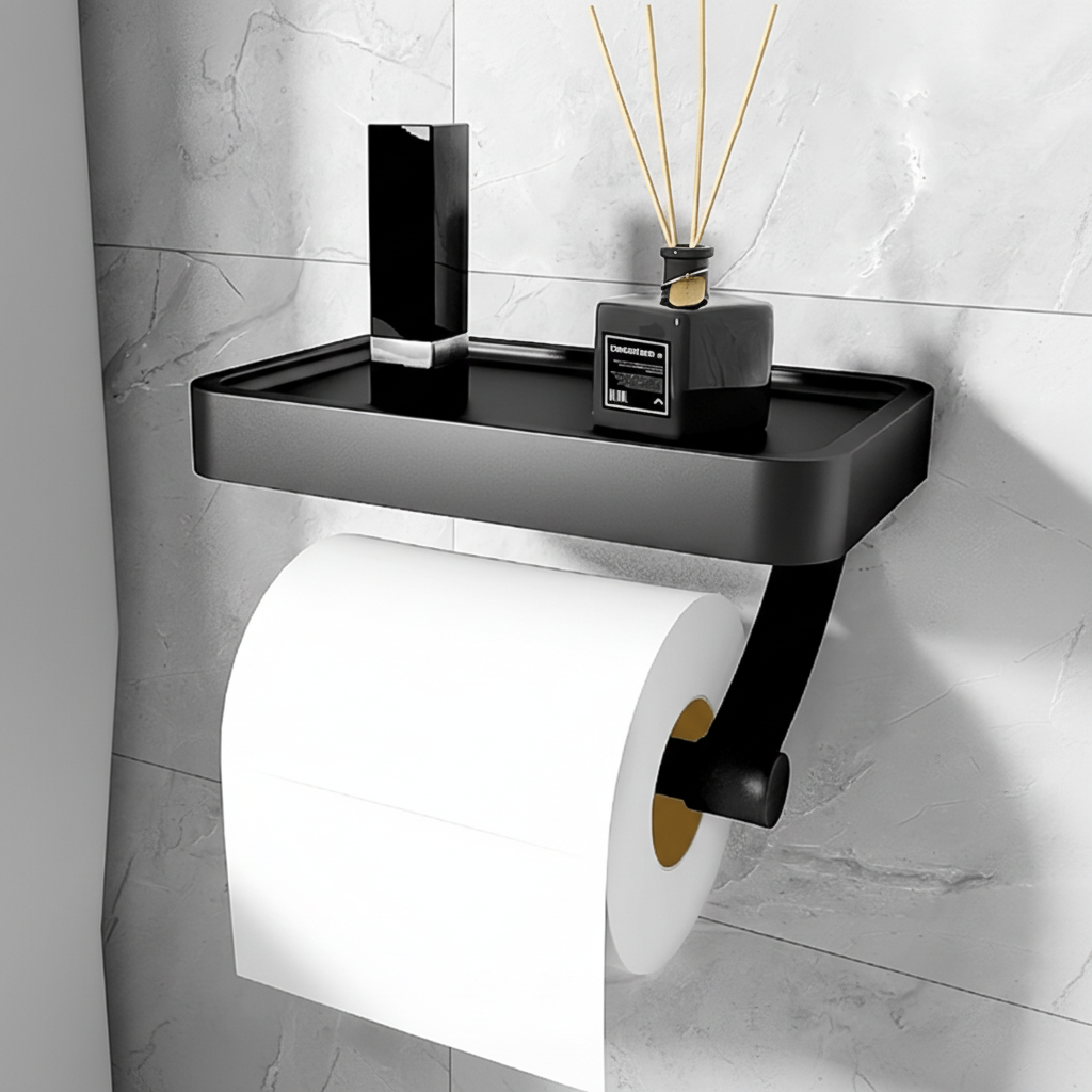 Sleek gray stainless steel toilet paper holder, wall-mounted with integrated storage shelf, modern bathroom decor.