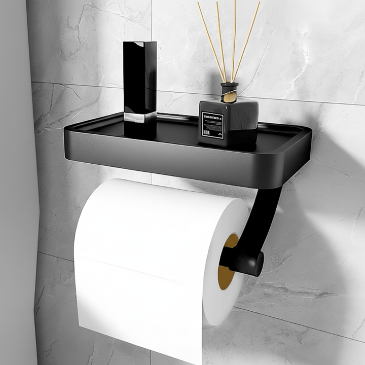 Sleek gray stainless steel toilet paper holder, wall-mounted with integrated storage shelf, modern bathroom decor.