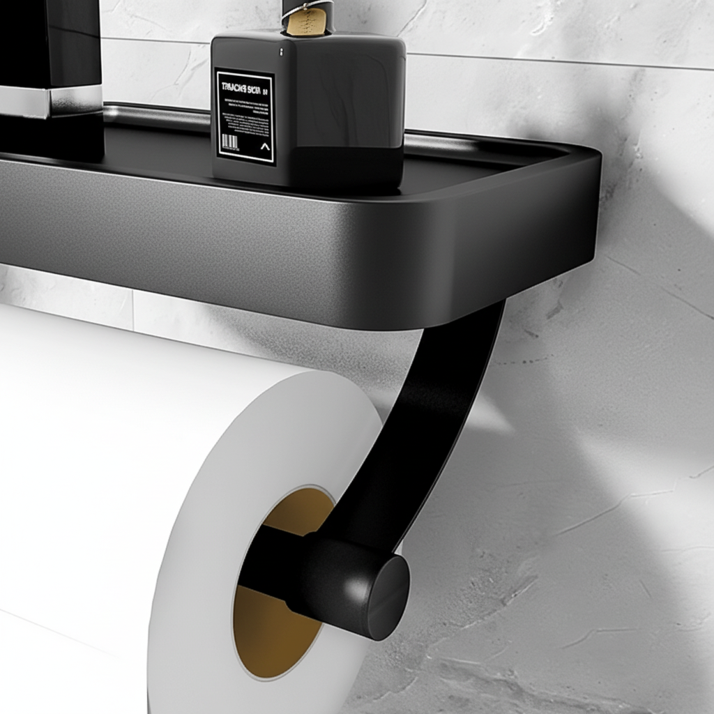 Bathroom wall-mounted toilet paper holder, AeroTray design in black with shelf, drill-free installation.