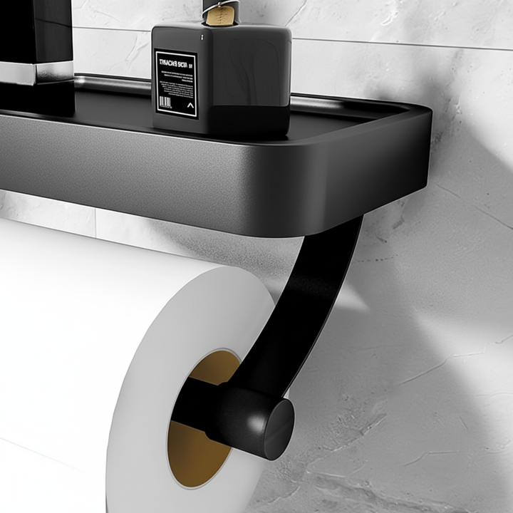 Bathroom wall-mounted toilet paper holder, AeroTray design in black with shelf, drill-free installation.