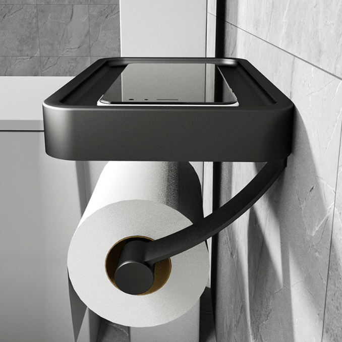 Contemporary stainless steel toilet paper dispenser & shelf, gray finish, wall-mounted and drill-free for modern bath.