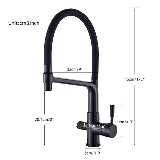 Brass kitchen faucet, PureFlow Duo, with a modern look, double outlet, and a reliable water filter.