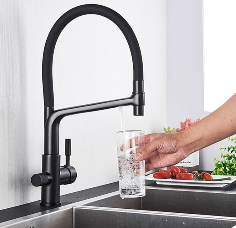 Upgrade your kitchen with this modern dual outlet faucet, complete with integrated water filtration.