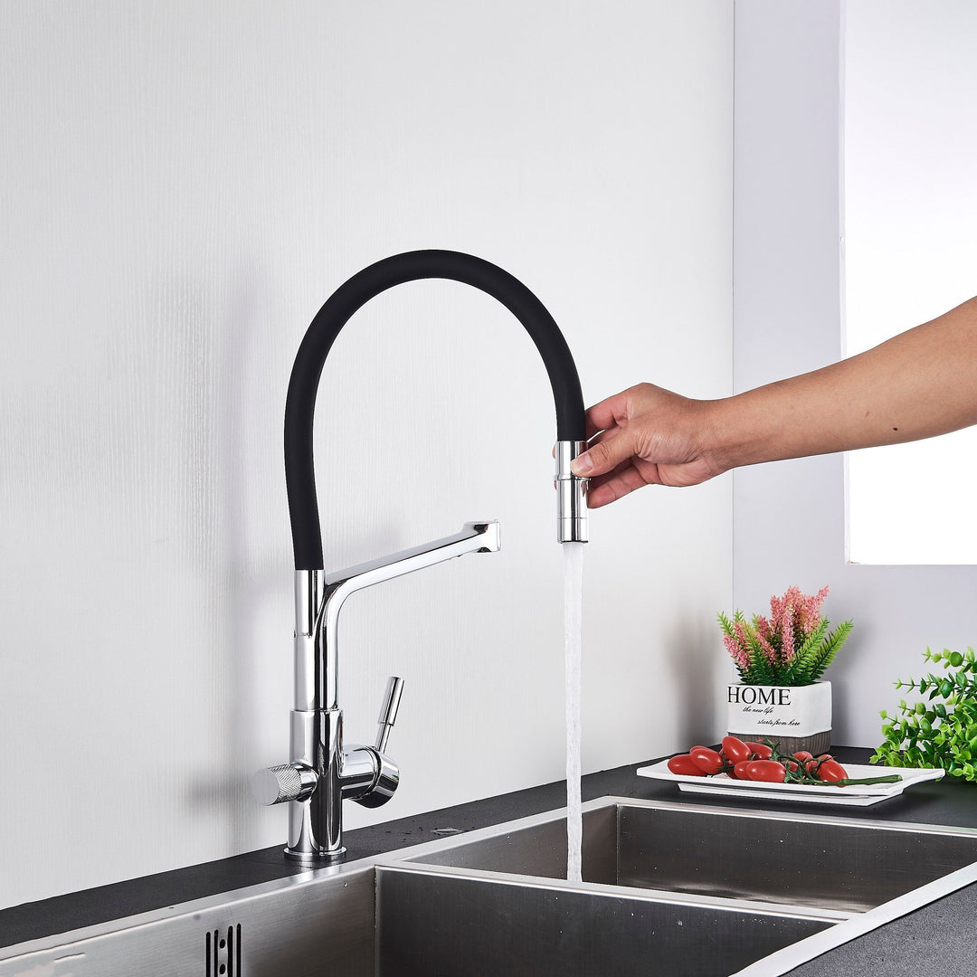 PureFlow Duo kitchen faucet: a modern brass tap with double outlet for filtered drinking water.