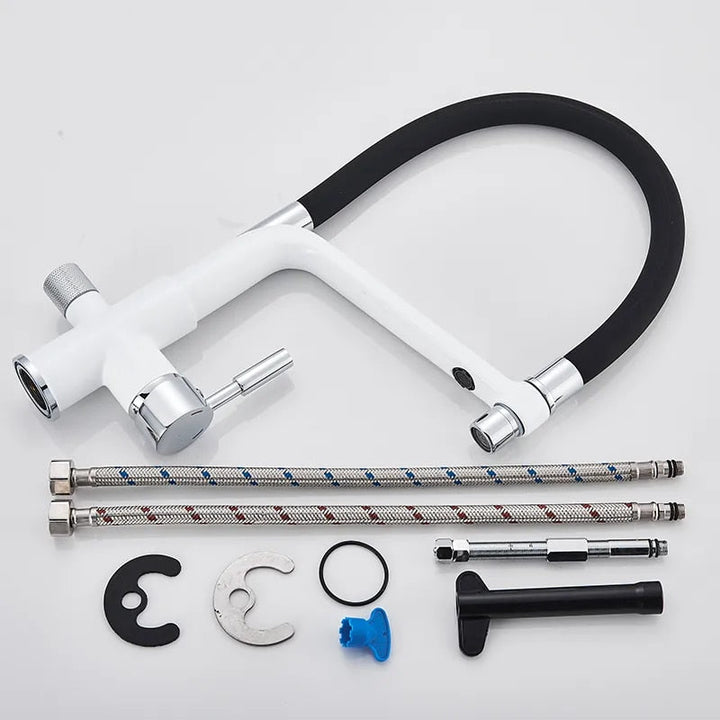 High-quality kitchen faucet, modern design, dual outlet, and integrated water filtration system for pure water.