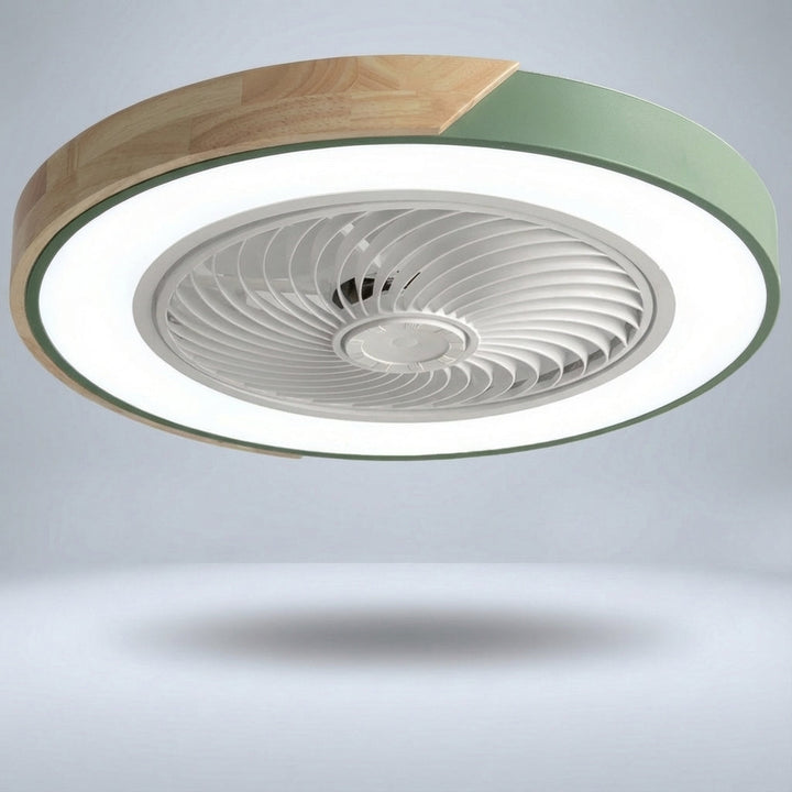 Bladeless LED ceiling fan fixture, quiet and modern lighting addition, remote controlled.