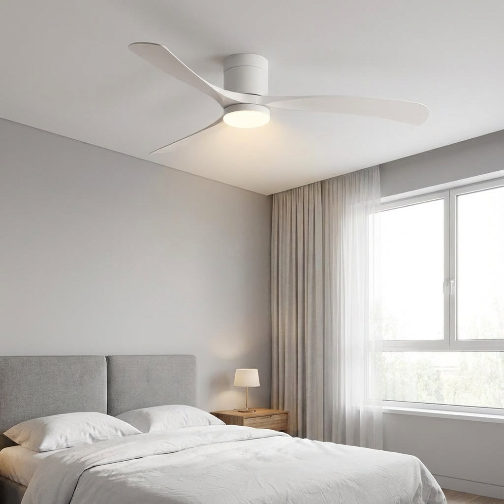 Modern ceiling fan with LED light. Sleek design for home comfort & air circulation.