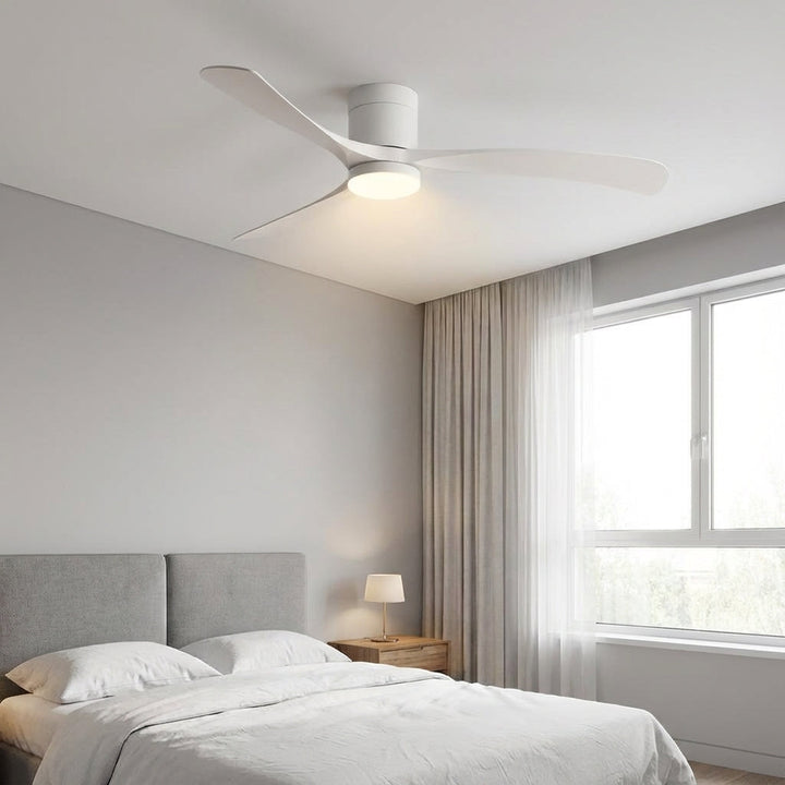 Modern ceiling fan with LED light. Sleek design for home comfort & air circulation.
