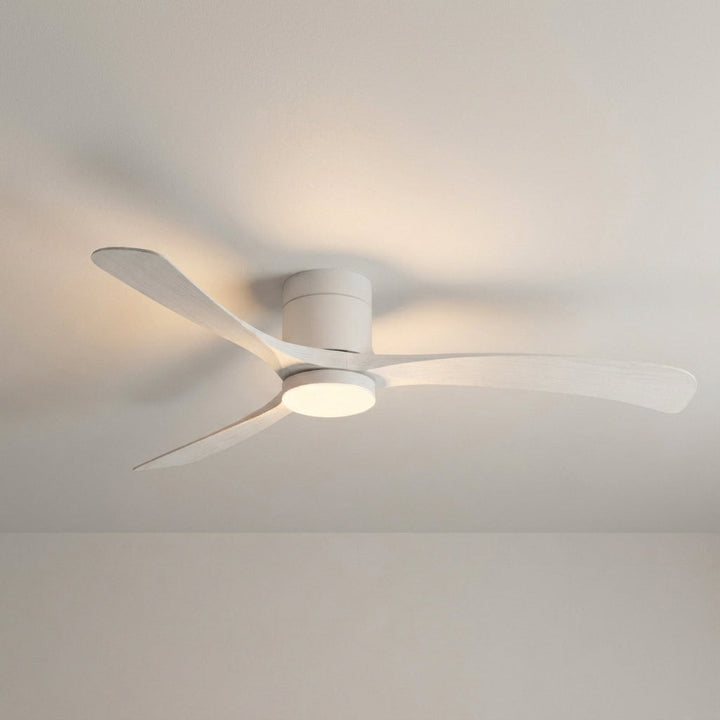 Modern ceiling fan with LED light & smart remote control. Easy adjustment for perfect indoor climate.