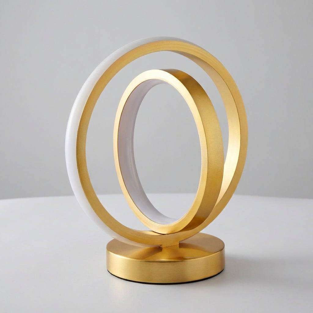 AuraLoop dimmable USB powered circular accent lamp on a bedside table, modern design