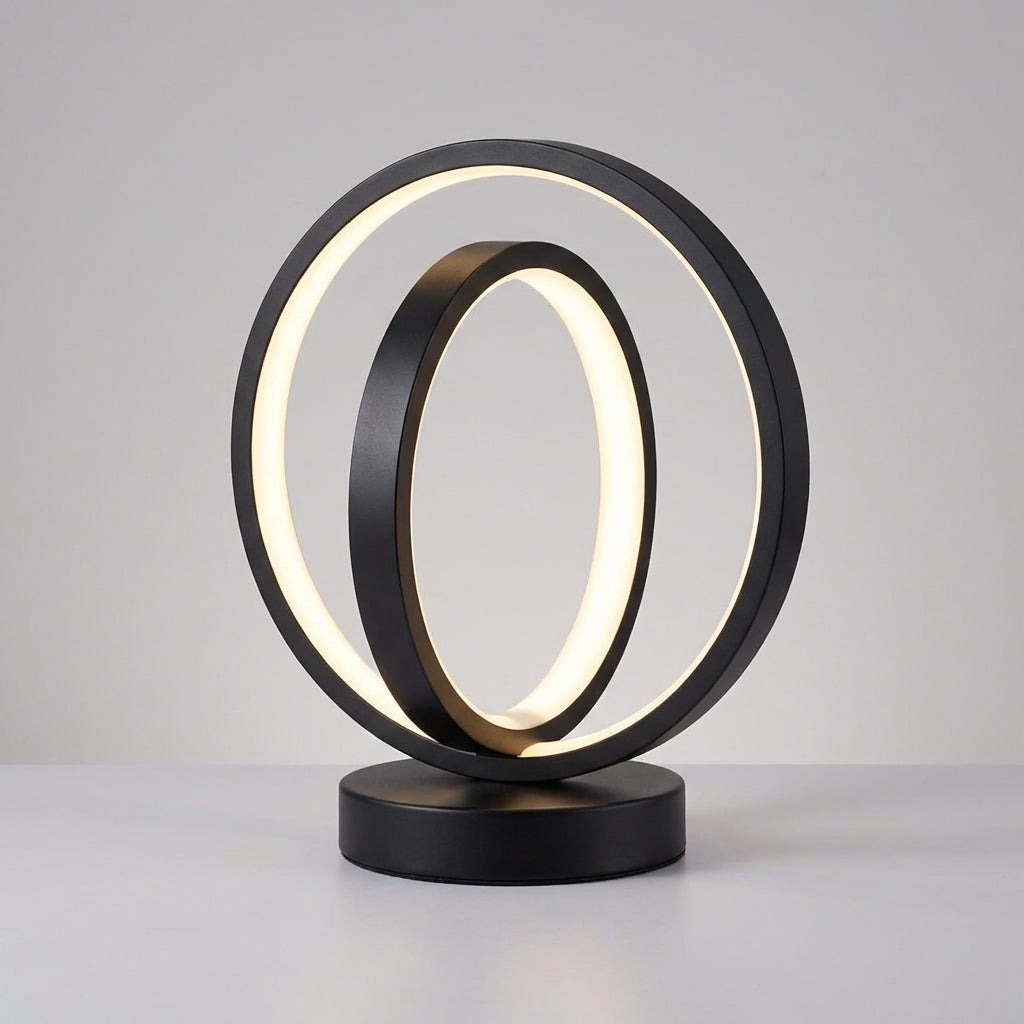 Close-up of AuraLoop modern circular dimmable lamp, showcasing its unique design