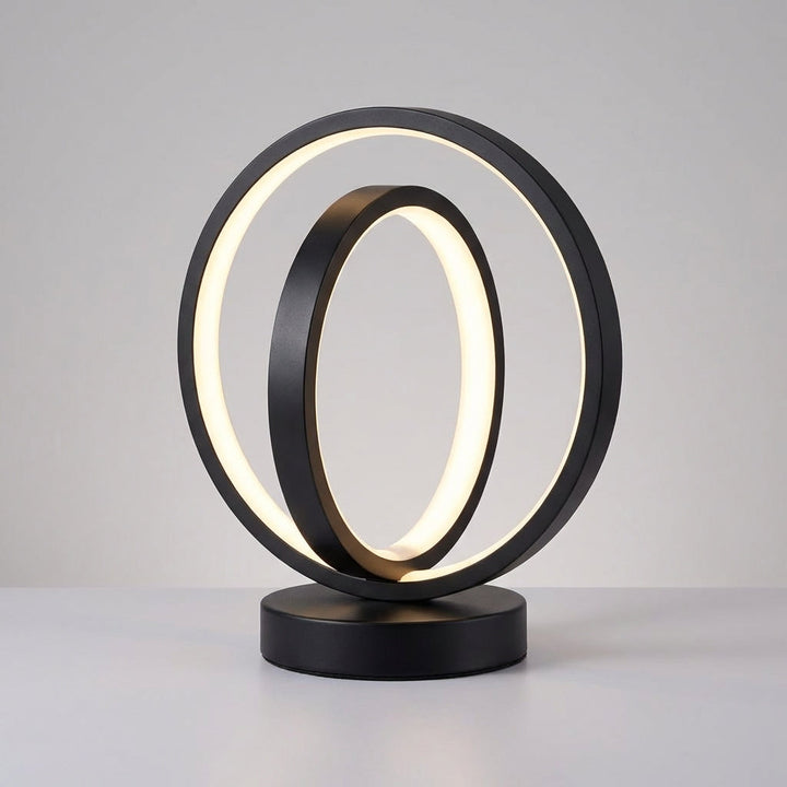 Close-up of AuraLoop modern circular dimmable lamp, showcasing its unique design