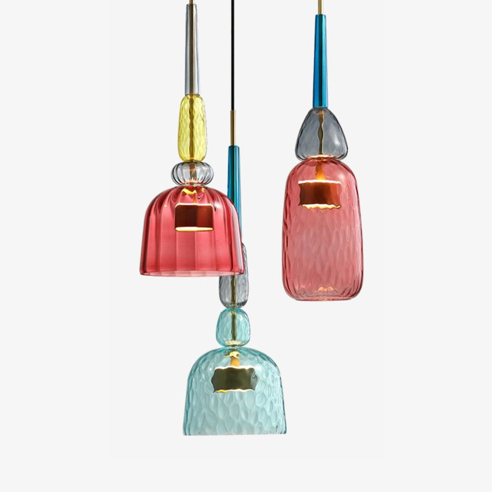Modern colored glass pendant ceiling lamp, stylish home decor for living room or kitchen.