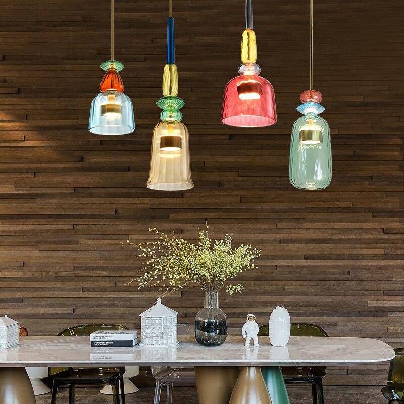 Stylish colored glass pendant light, energy-efficient modern ceiling lamp, durable home decor.