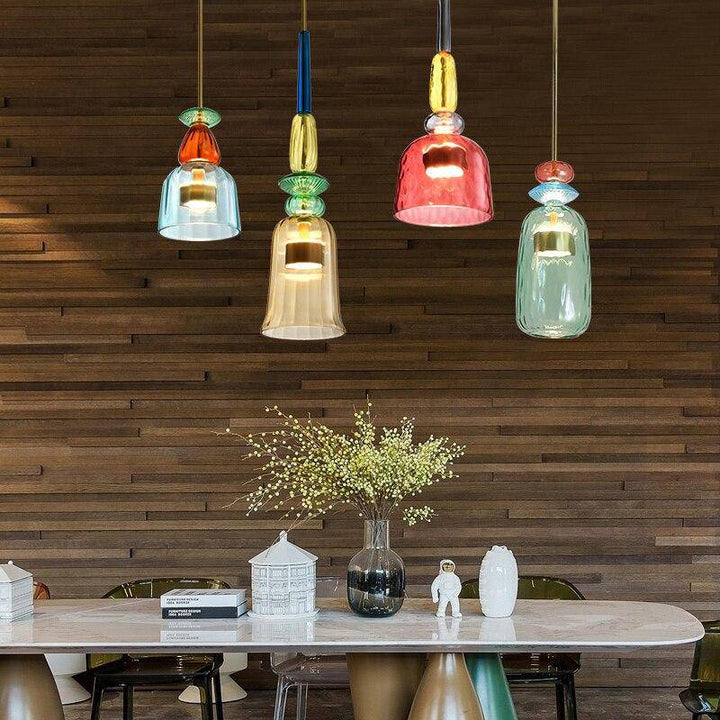 Stylish colored glass pendant light, energy-efficient modern ceiling lamp, durable home decor.