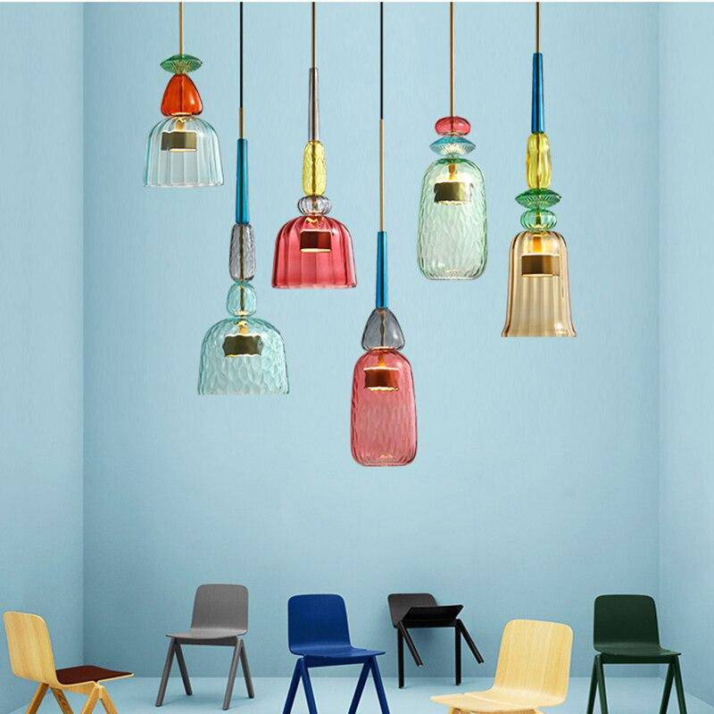 Modern pendant ceiling lamp with vibrant colored glass, perfect stylish lighting for kitchen.