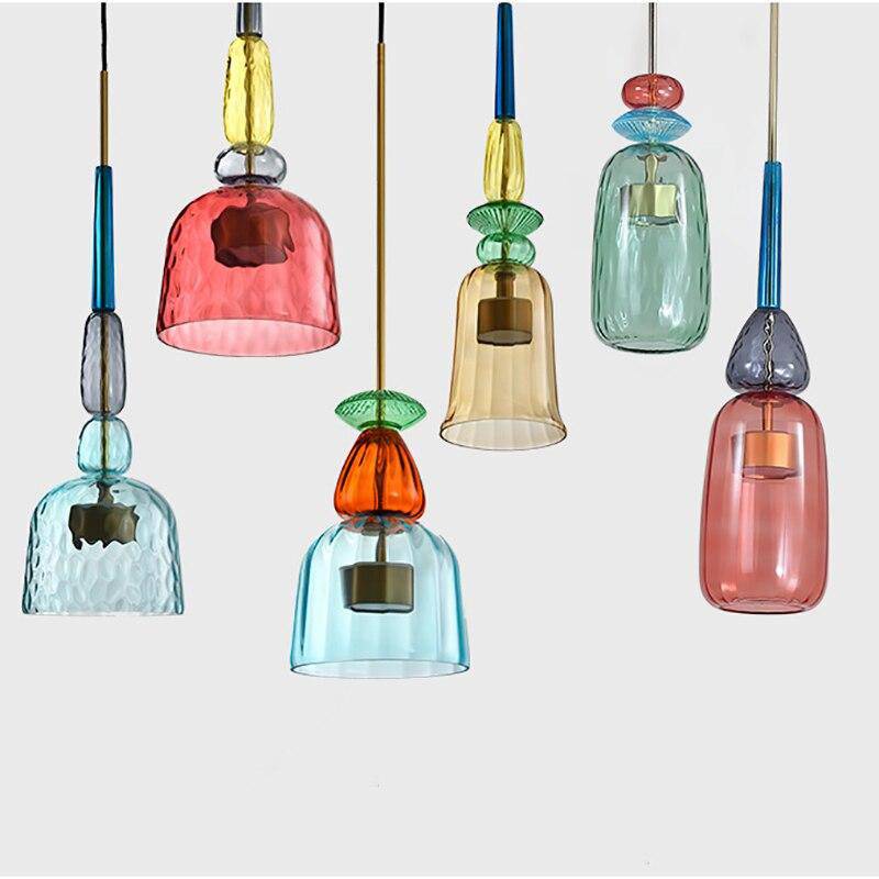 Decorative modern colored glass ceiling lamp, LED pendant light for contemporary living room.