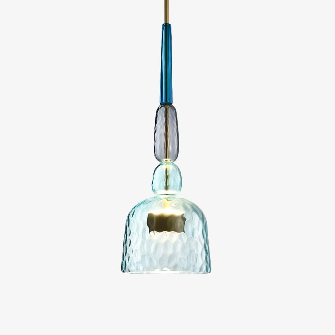 Close-up of a modern colored glass pendant lamp, showcasing its unique design and quality.