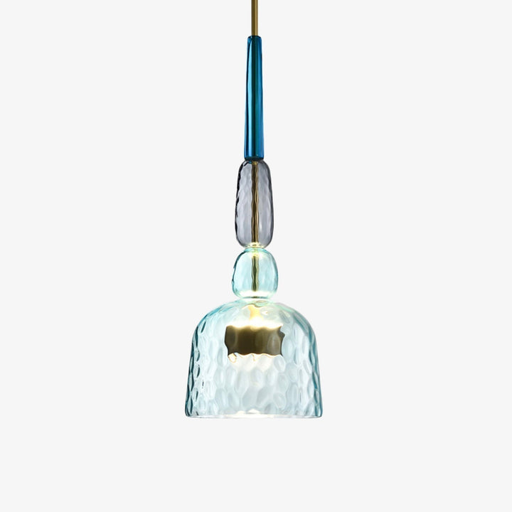 Close-up of a modern colored glass pendant lamp, showcasing its unique design and quality.