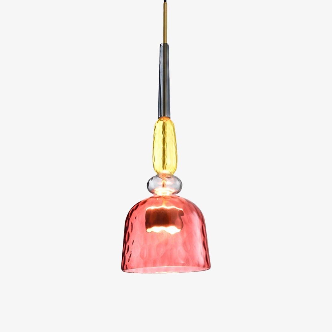 Sleek colored glass pendant light, modern ceiling lamp offering energy-efficient LED lighting.