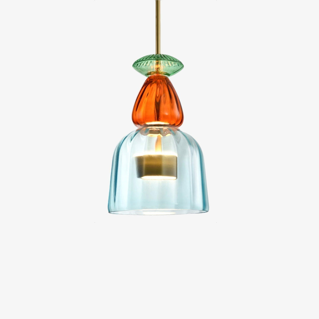 Vibrant modern colored glass pendant lamp, perfect for dining room or kitchen home decor.