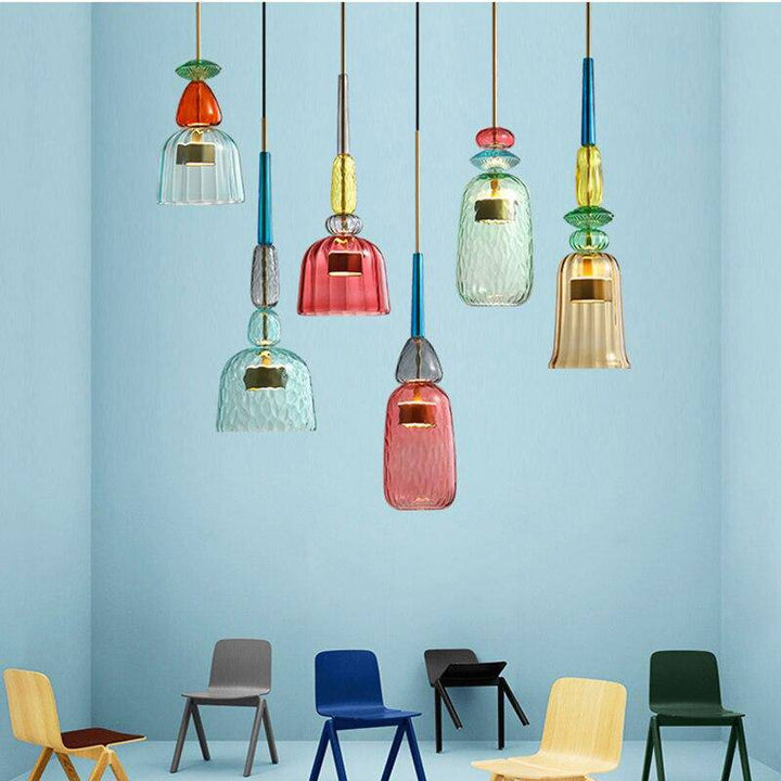 Energy-efficient LED colored glass ceiling lamp for contemporary dining rooms. Stylish home decor.