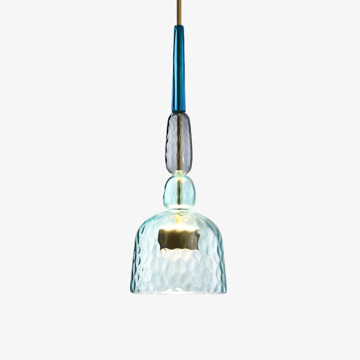 Close-up of modern multicolored glass pendant lamp, stunning ceiling decor with LED lighting.