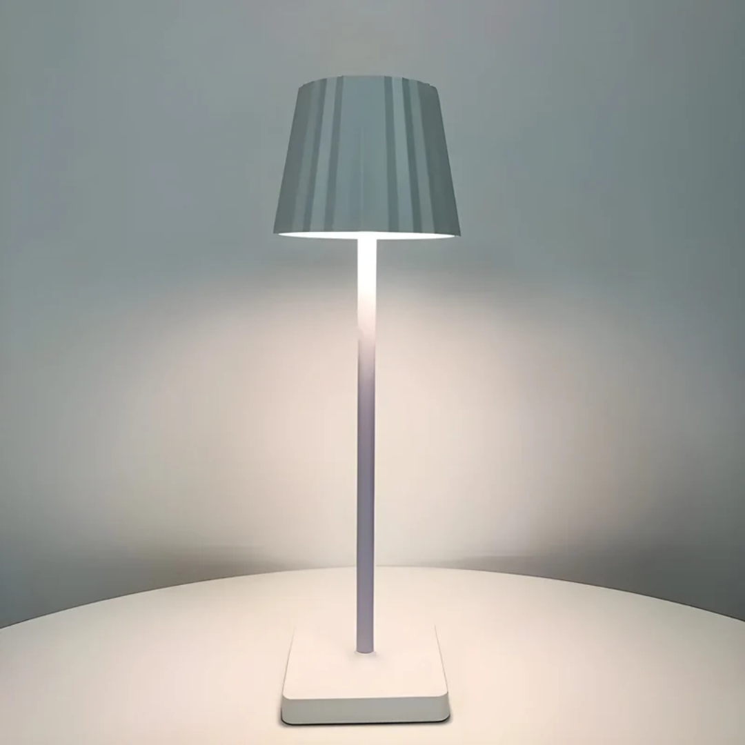 Portable cordless LED touch lamp, dimmable brightness, ideal for modern indoor & outdoor use.