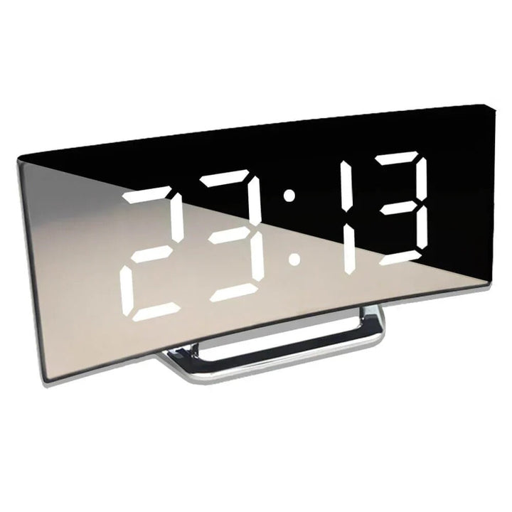 Stylish white curved LED digital clock, perfect for home decor or an office desk, USB powered.