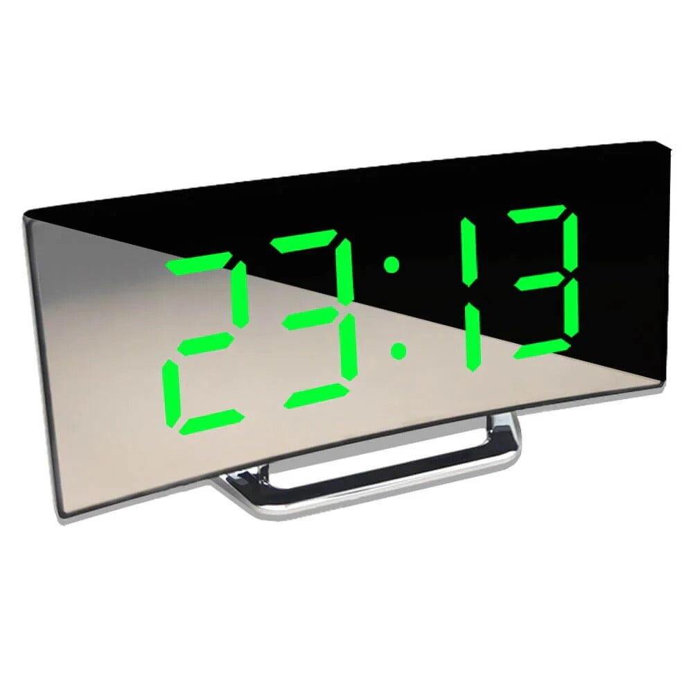 Red modern curved LED digital alarm clock with bright display, contemporary design for bedroom or office.