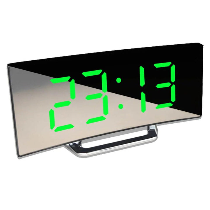 Red modern curved LED digital alarm clock with bright display, contemporary design for bedroom or office.