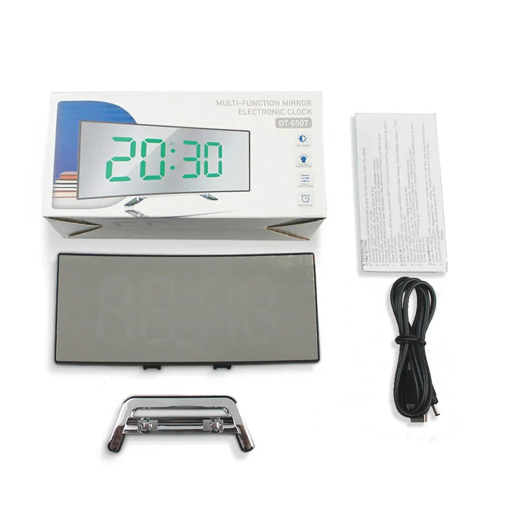 Green curved LED digital desk clock, adjustable brightness, sleek design for modern home and office.
