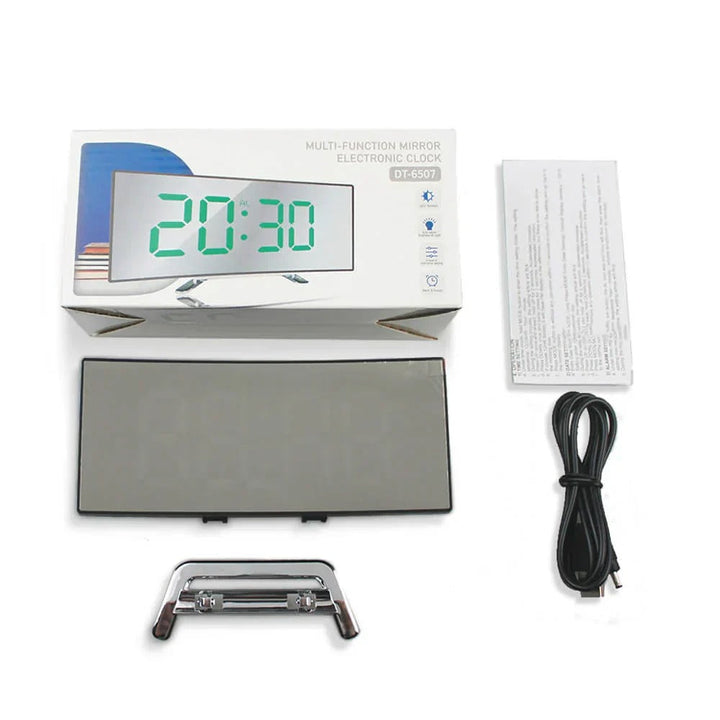 Green curved LED digital desk clock, adjustable brightness, sleek design for modern home and office.