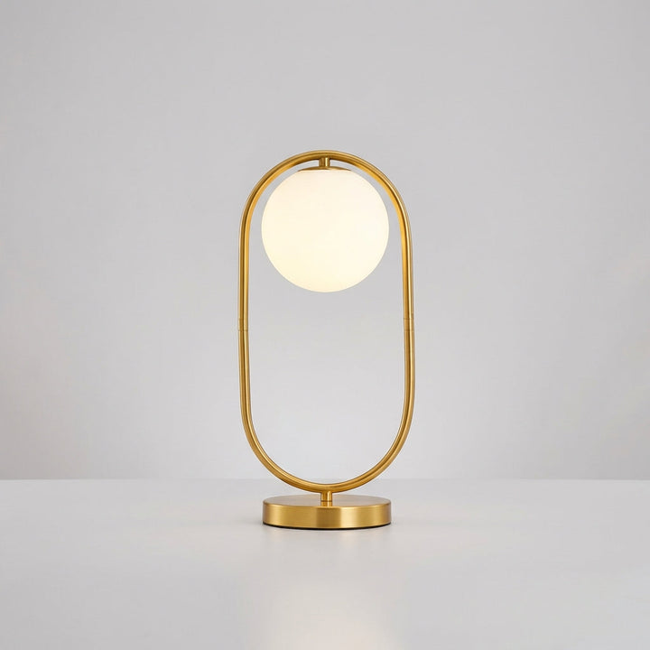 Ambient LED ring orb table lamp, dimmable, offering versatile home and bedroom lighting solutions.