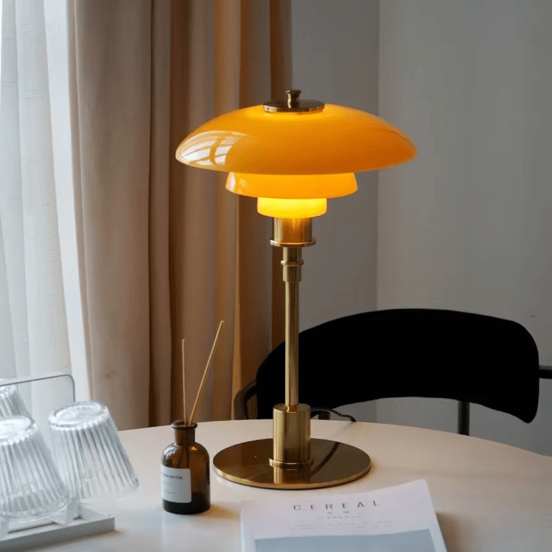 Elegant Glass & Iron LED Dimmable Table Lamp, ideal accent light for modern living rooms.