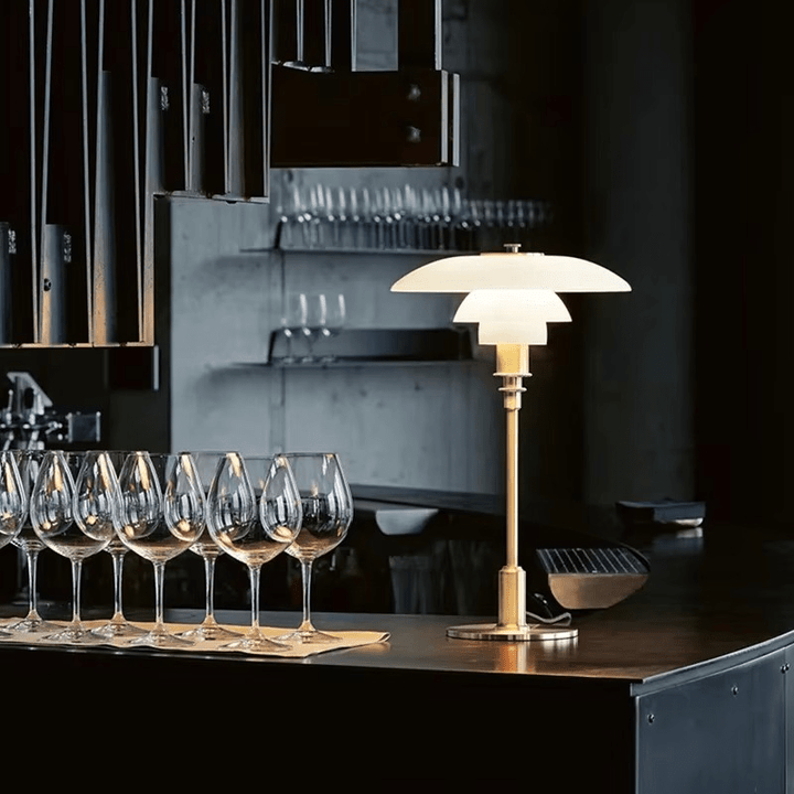 Modern LED Table Lamp with dimmable light, featuring a minimalist glass and iron construction.