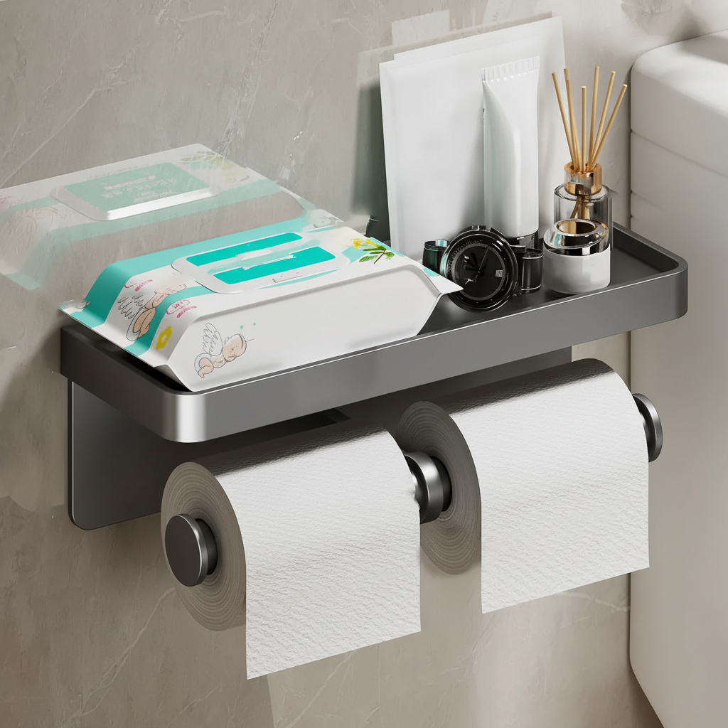 Modern double roll toilet paper holder in aluminum alloy with storage shelf, wall-mounted, drill-free.