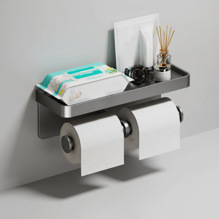 Drill-free wall-mounted double roll bathroom paper holder in sleek aluminum alloy.