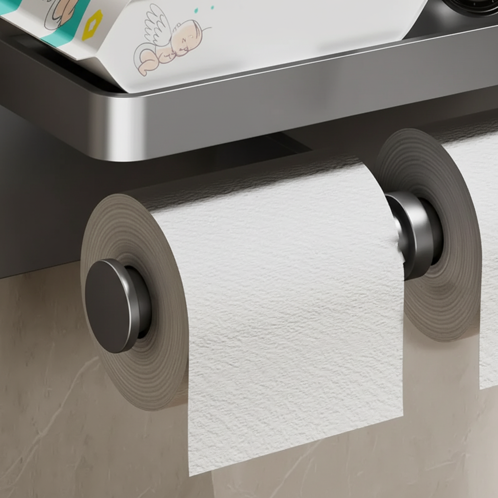 Bathroom organizer: a modern double roll toilet paper holder with integrated storage shelf.