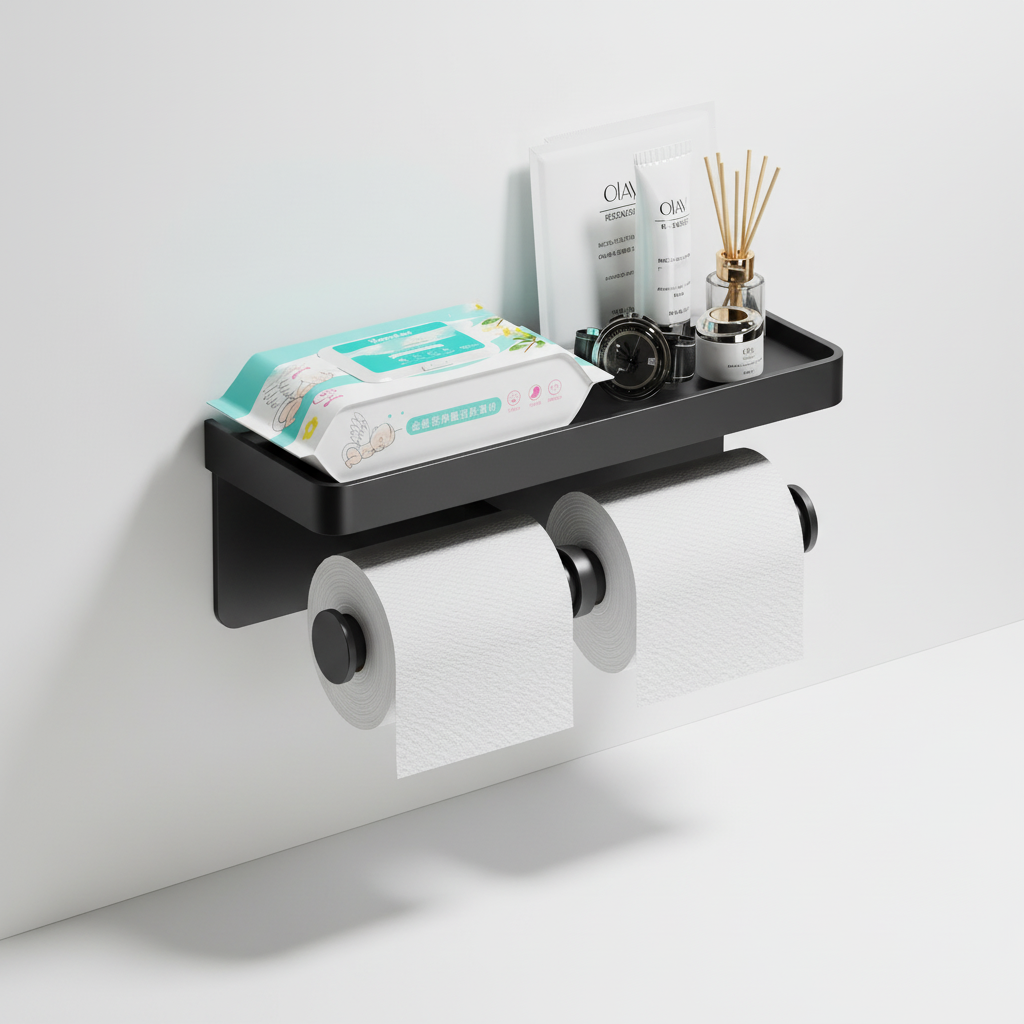 Home decor bathroom accessory: drill-free double roll paper holder with top shelf in aluminum alloy.