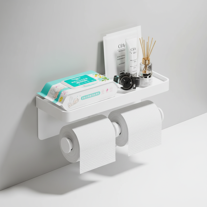 Wall-mounted double roll toilet paper holder, aluminum alloy with shelf, ideal for bathroom storage.