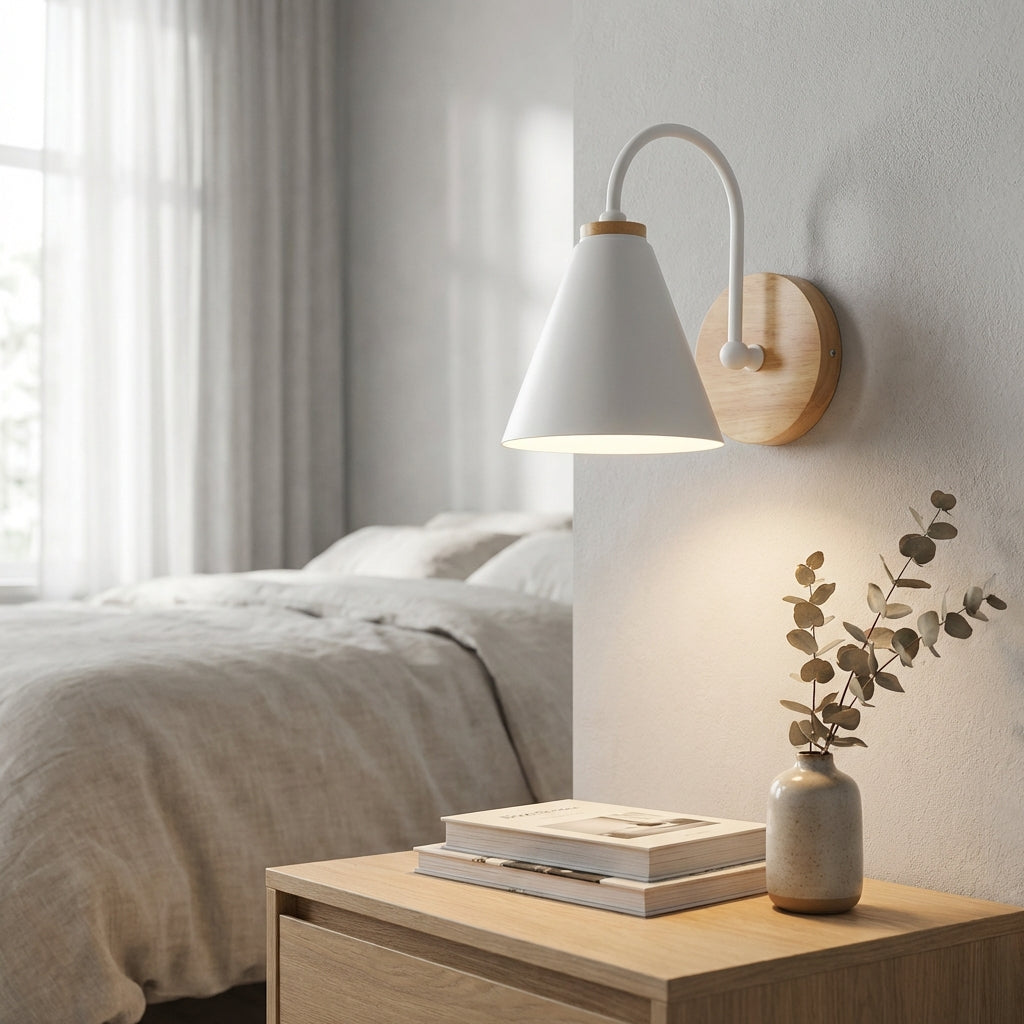 Modern downward cone wall sconce with a sleek metal shade and wood accent, providing ambient lighting.